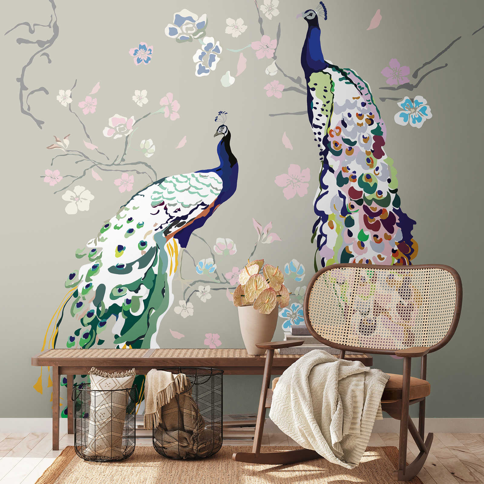 Non-woven wallpaper with peacock and floral pattern - grey, colourful, blue, green, pink, beige
