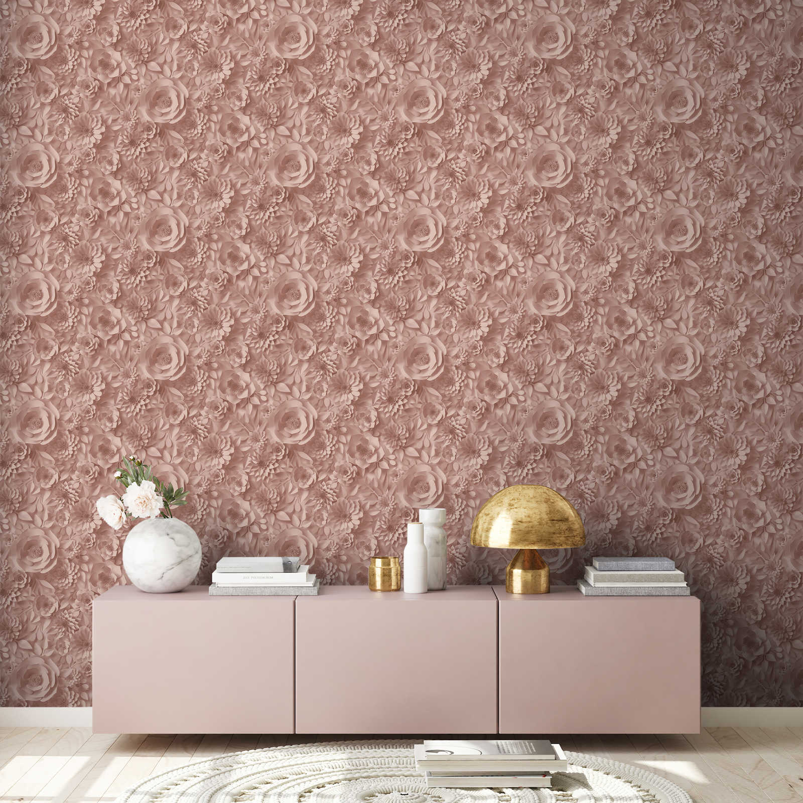             3D Behang met Papieren Bloemen, Grafisch Bloemenpatroon - Roze
        