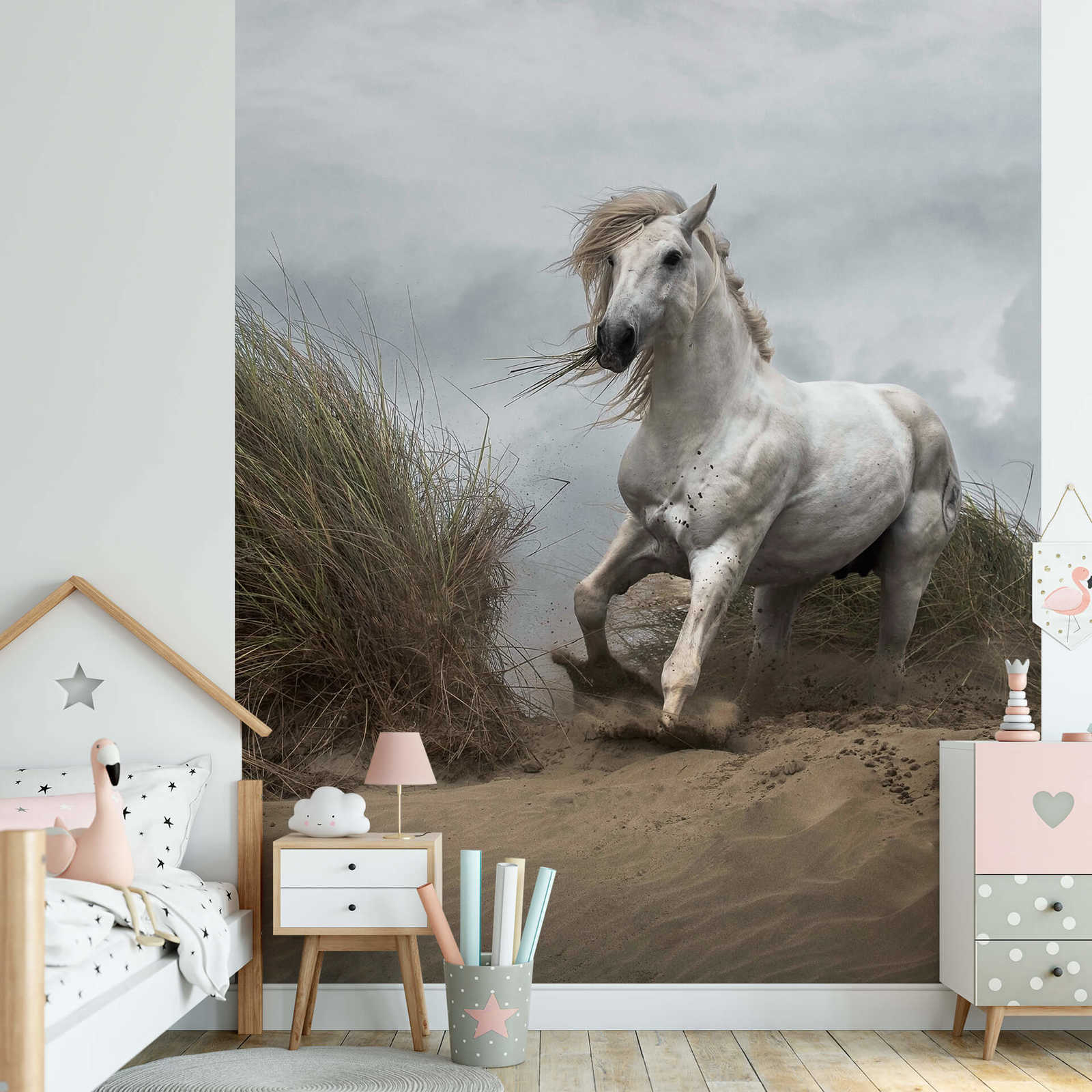             Papel pintado Dunas de playa con caballo - Blanco, crema, gris
        