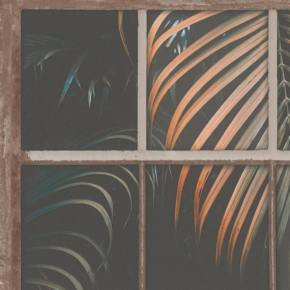             Papier peint intissé Fenêtre industrielle & vue sur la jungle - marron, pétrole, noir
        