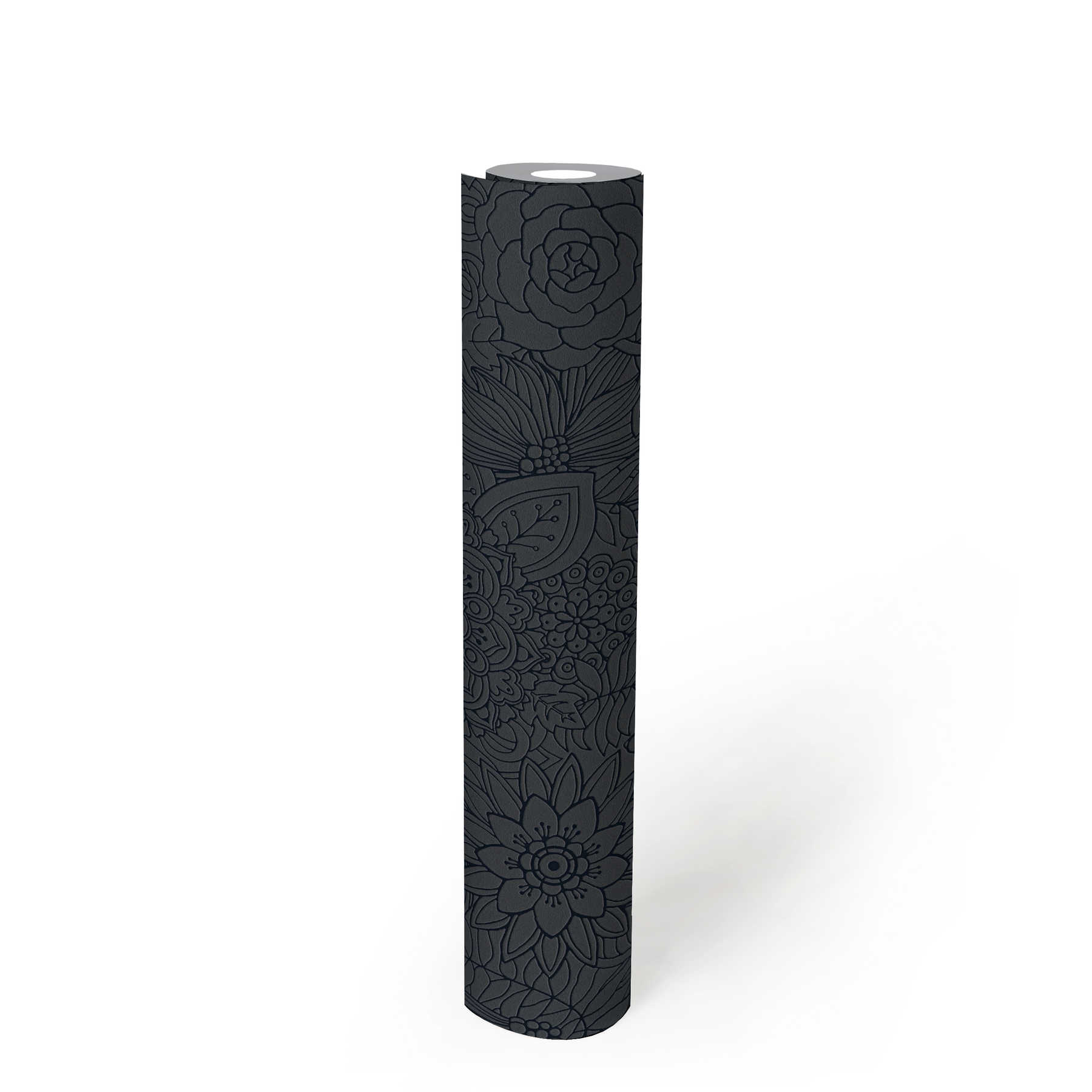             Black non-woven wallpaper floral pattern, matte & glossy - Black, Metallic
        