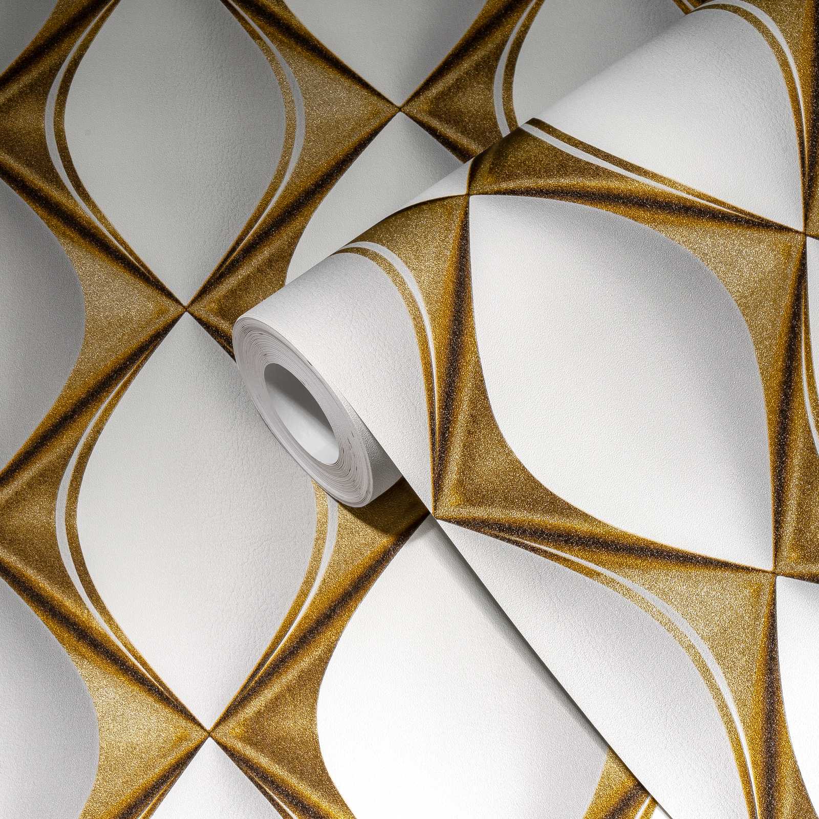             Papier peint 3D motif rétro doré - blanc, gris, métallique
        