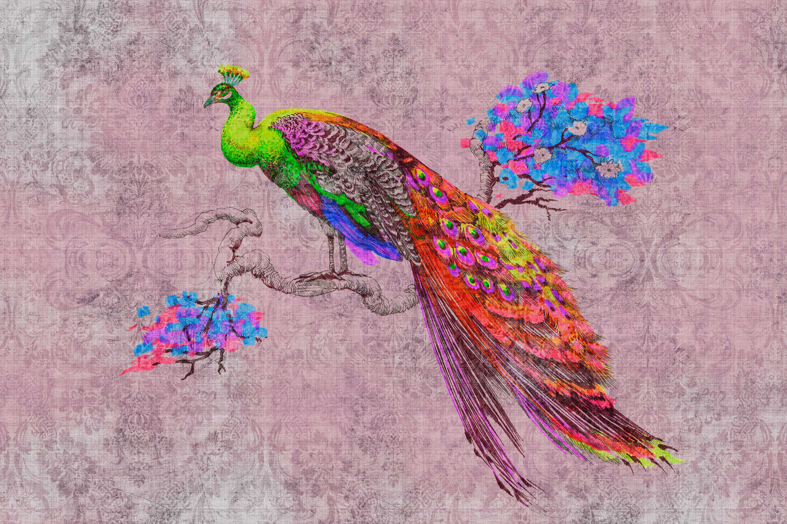             Peacock 2 - Tableau toile avec motif paon & ornement en structure lin naturel - 0,90 m x 0,60 m
        