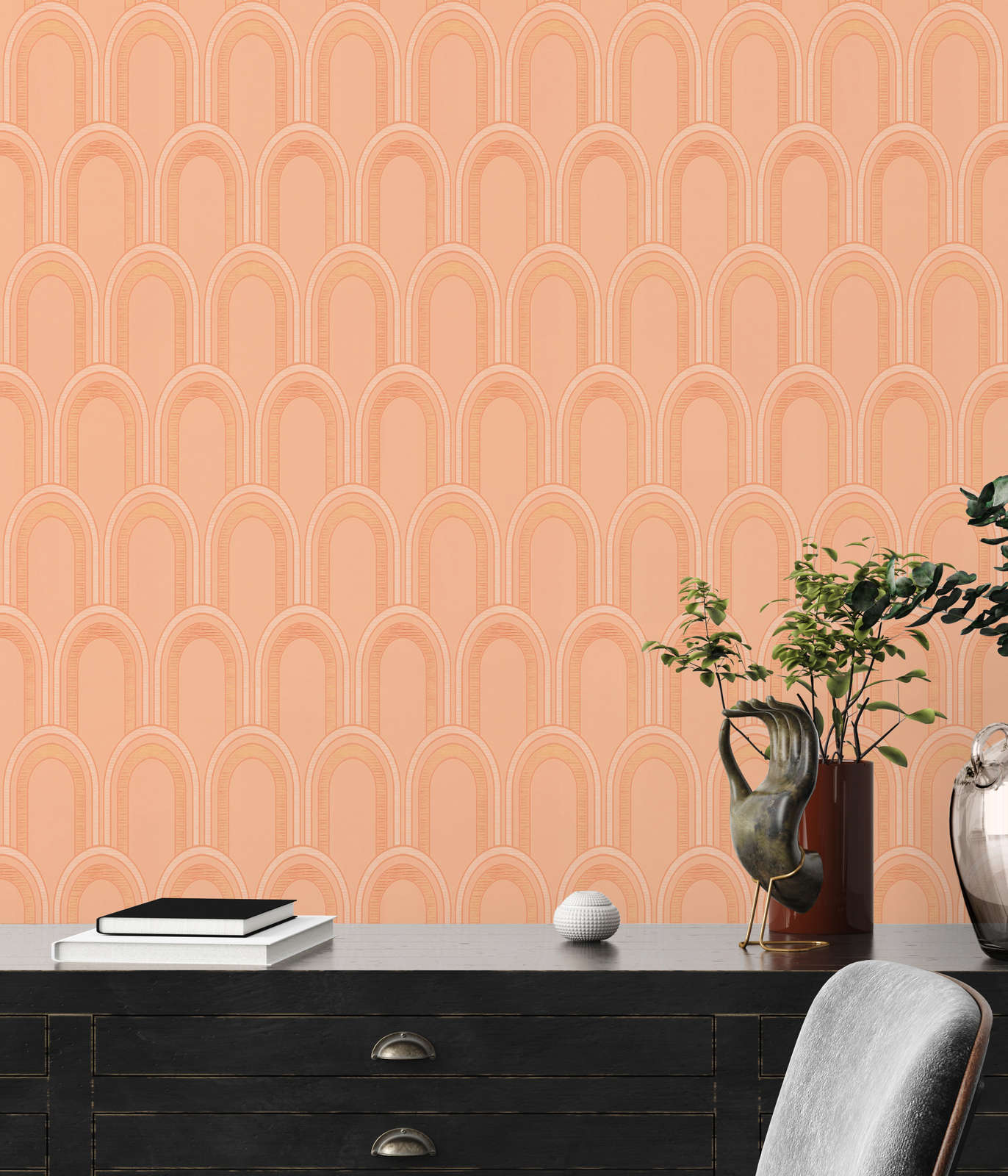             Non-woven wallpaper with bow pattern - orange, white, gold
        
