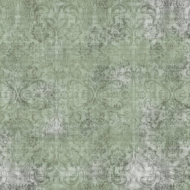 Oud damast 2 - Ornamenten op groen gevlekt behang - Natuurlijke linnenstructuur - Groen | Mat glad vlies
