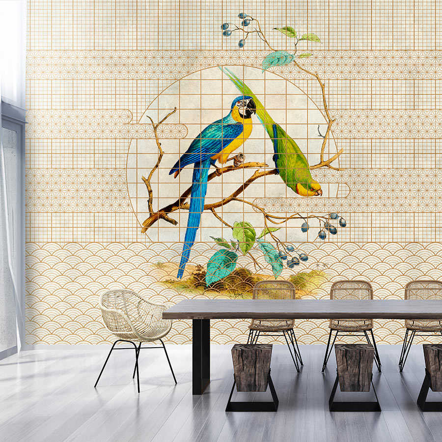         Aviary 3 - Vintage style parrot & golden pattern photo wallpaper
    