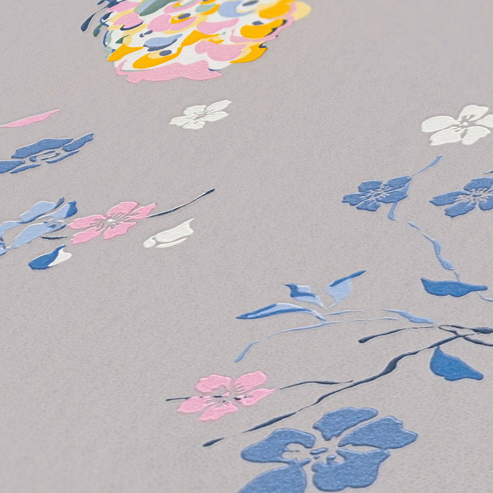             Papier peint intissé avec motif paon et effet brillant - gris, bleu, multicolore
        