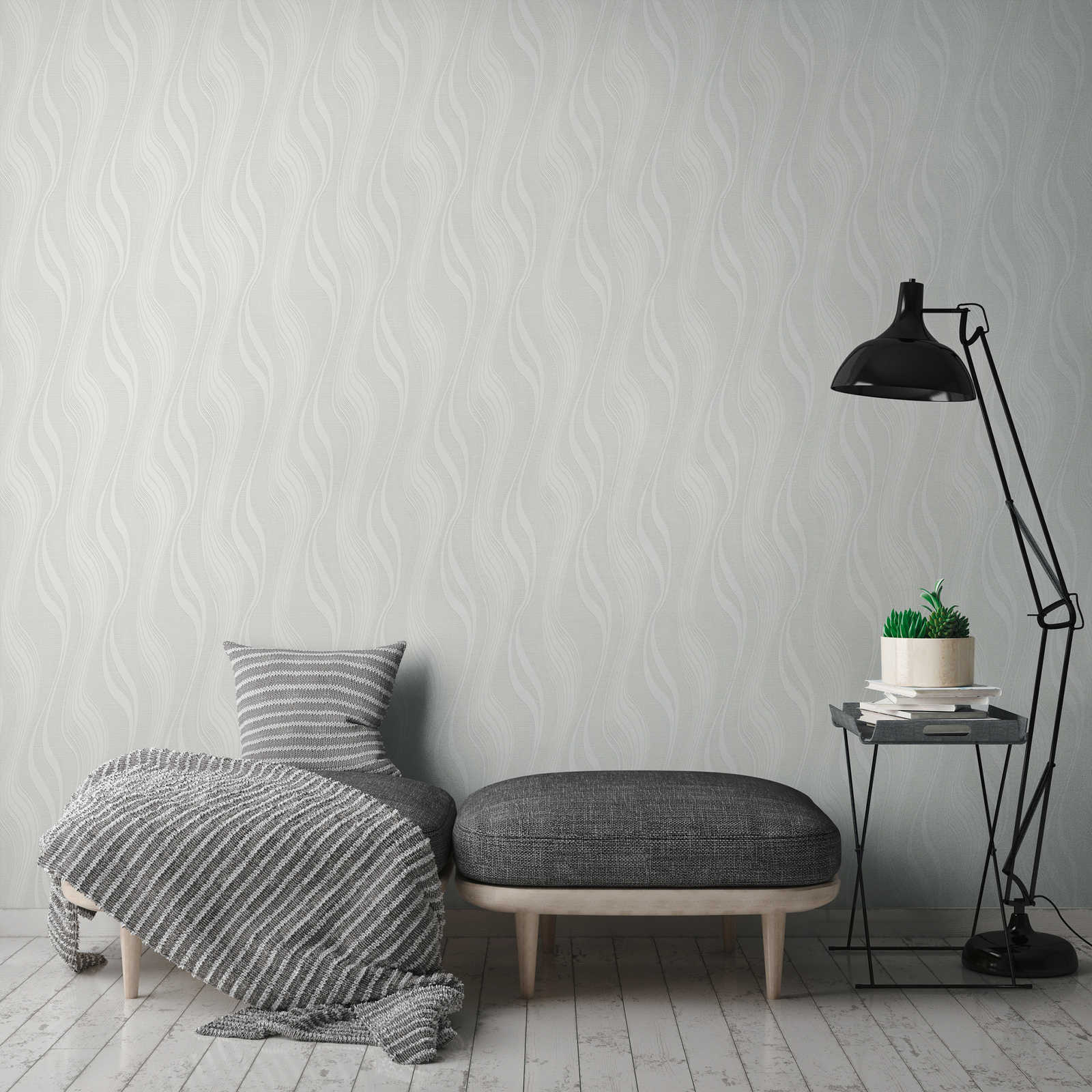             Wallpaper with organic line pattern and 3D effect - white
        