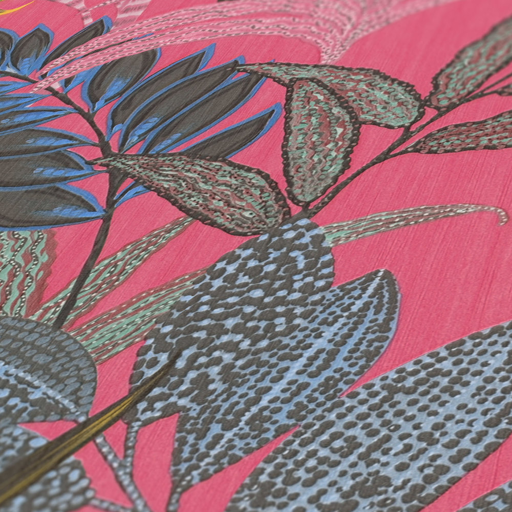             Kleurrijk vliesbehang met bladmotief & reliëfstructuur - veelkleurig, geel, roze
        