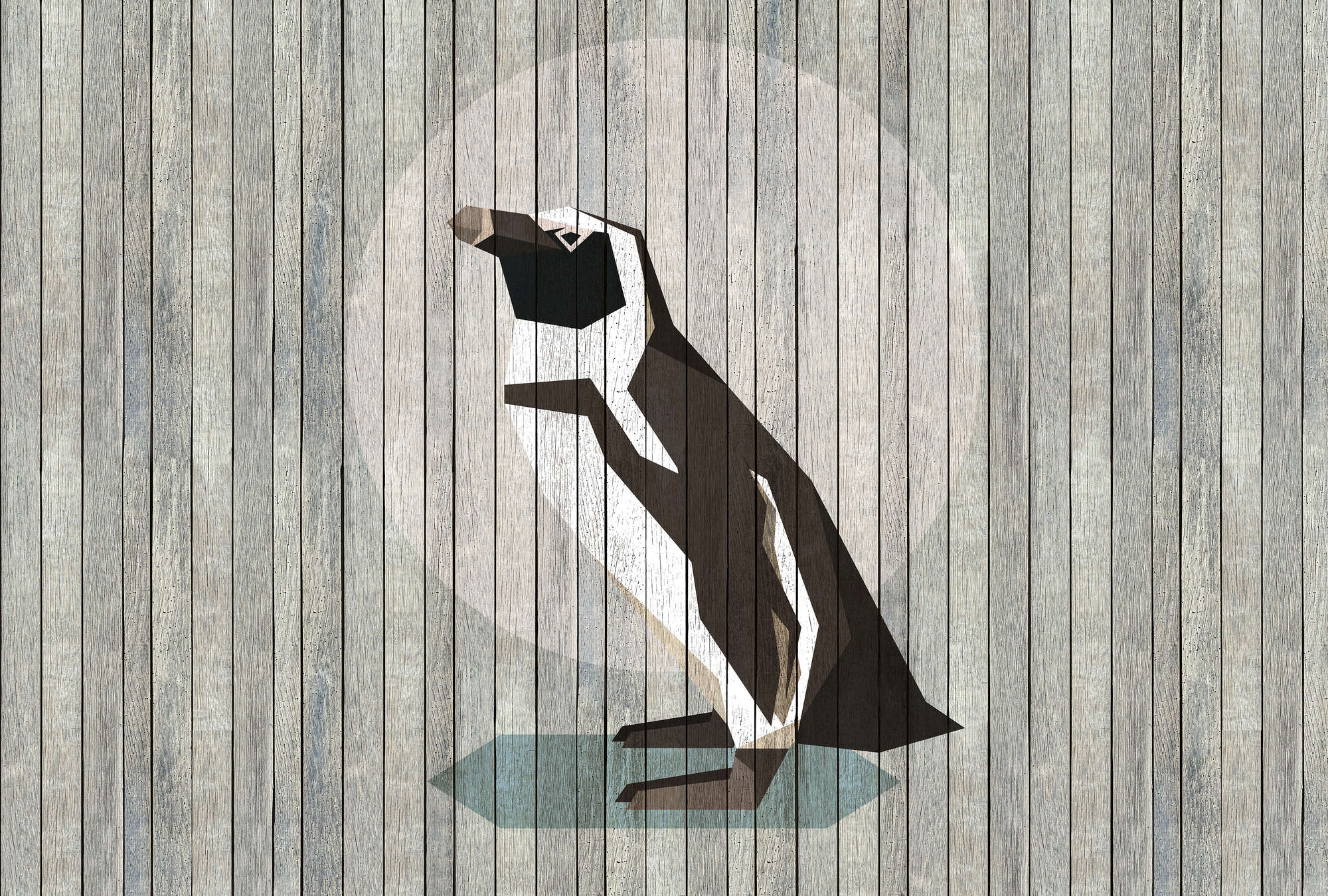             Born to Be Wild 4 - Digital behang Penguin op board muur - Houten panelen breed - Beige, Blauw | Parelmoer glad vlies
        