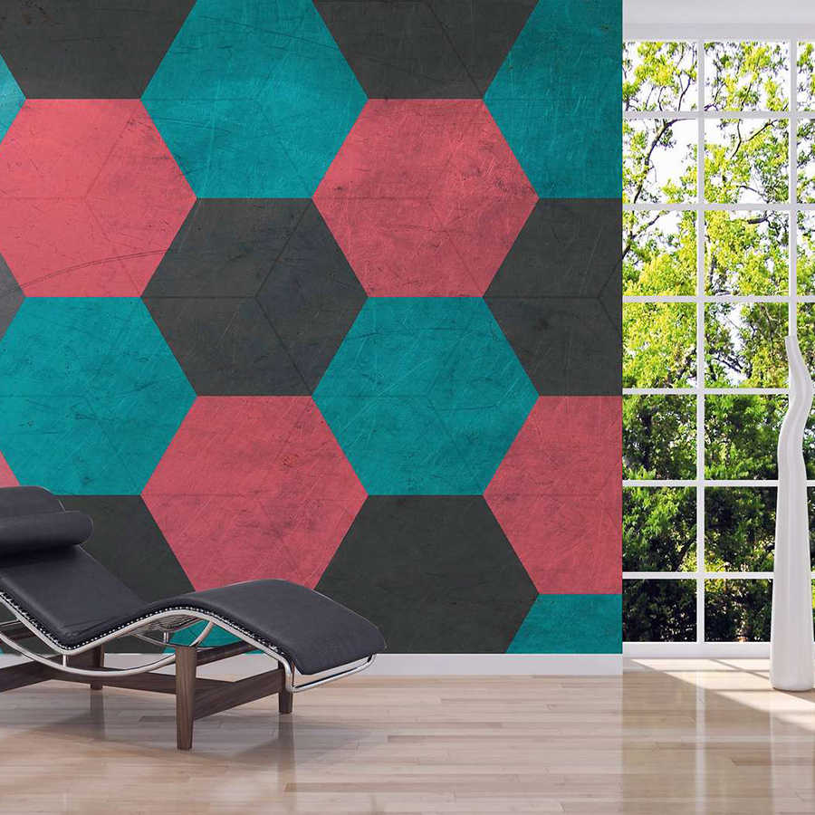 Vintage Look Hexagon Tiles Wallpaper - Blue, Red, Black
