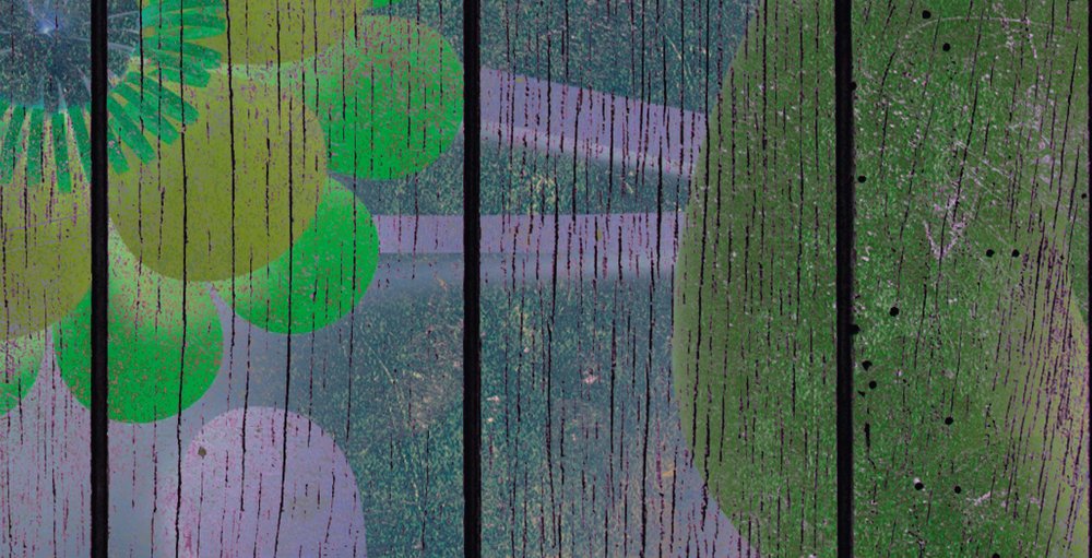             Sproeiboeket 2 - Digital behang in houten paneelstructuur met bloemen op bordwand - Blauw, Groen | Premium glad vlies
        