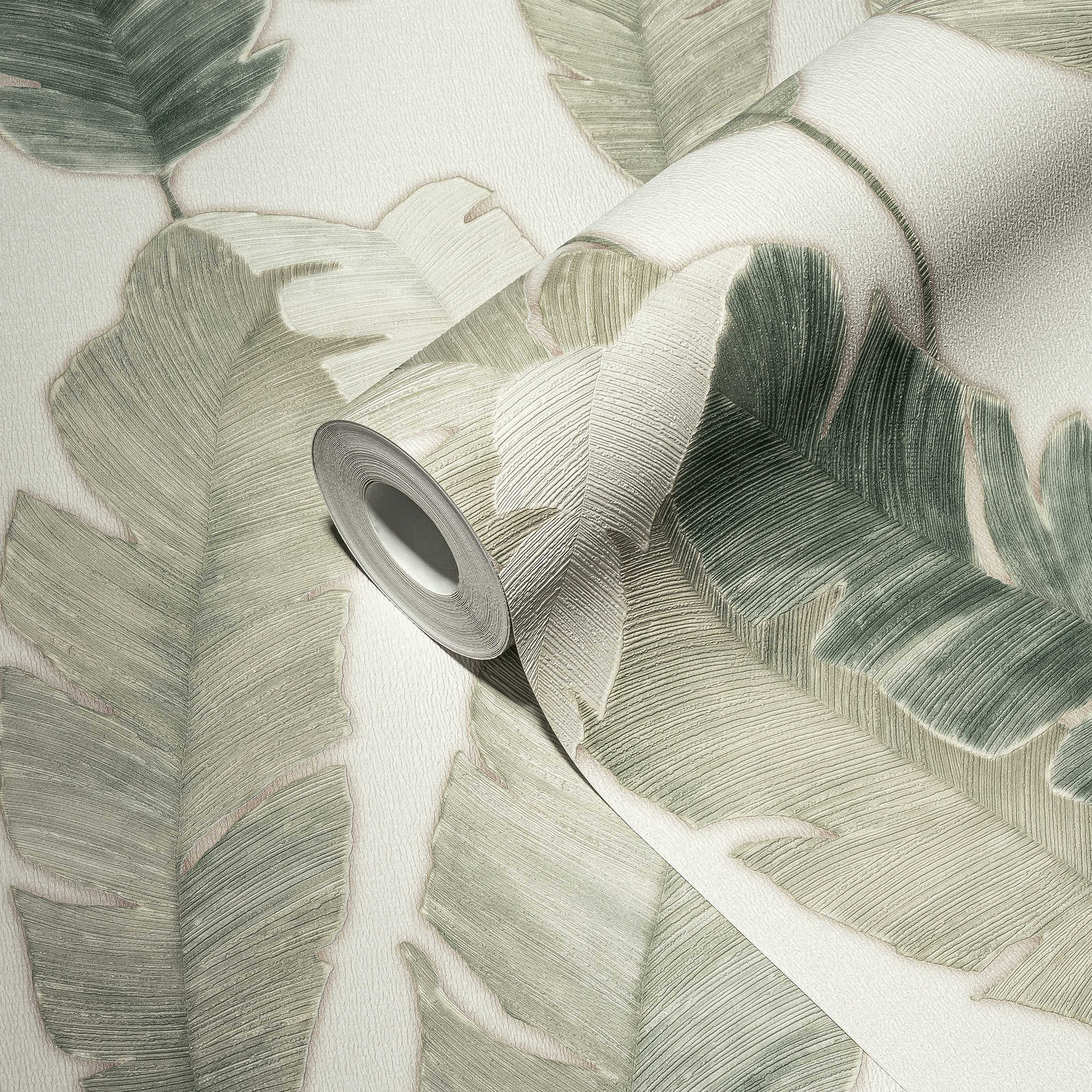             Non-woven wallpaper with palm leaves in light colour - white, green, blue
        