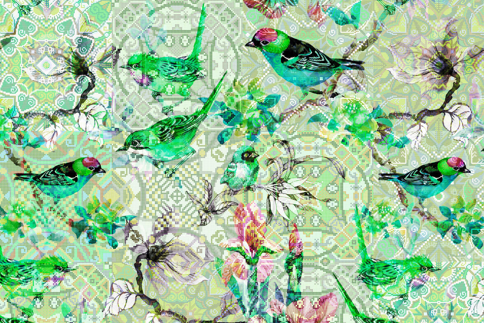             Oiseau toile vert avec motif mosaïque - 0,90 m x 0,60 m
        