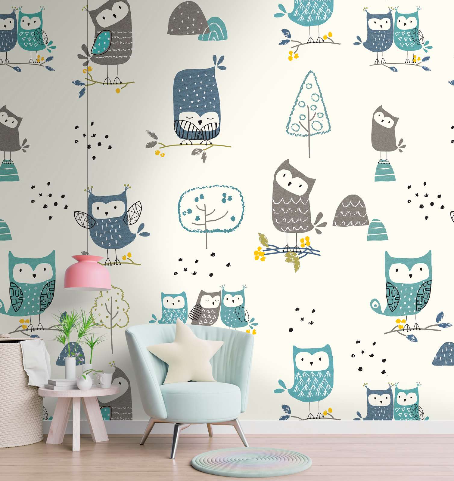             Kids non-woven wallpaper with owls and trees - colourful, cream, blue
        