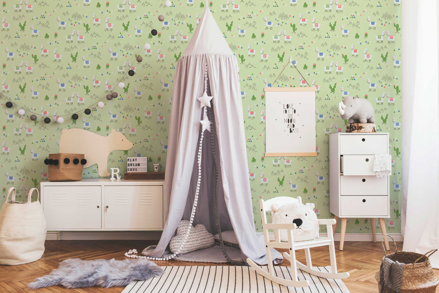             Non-woven wallpaper llama in comic style with textile look - green,
        