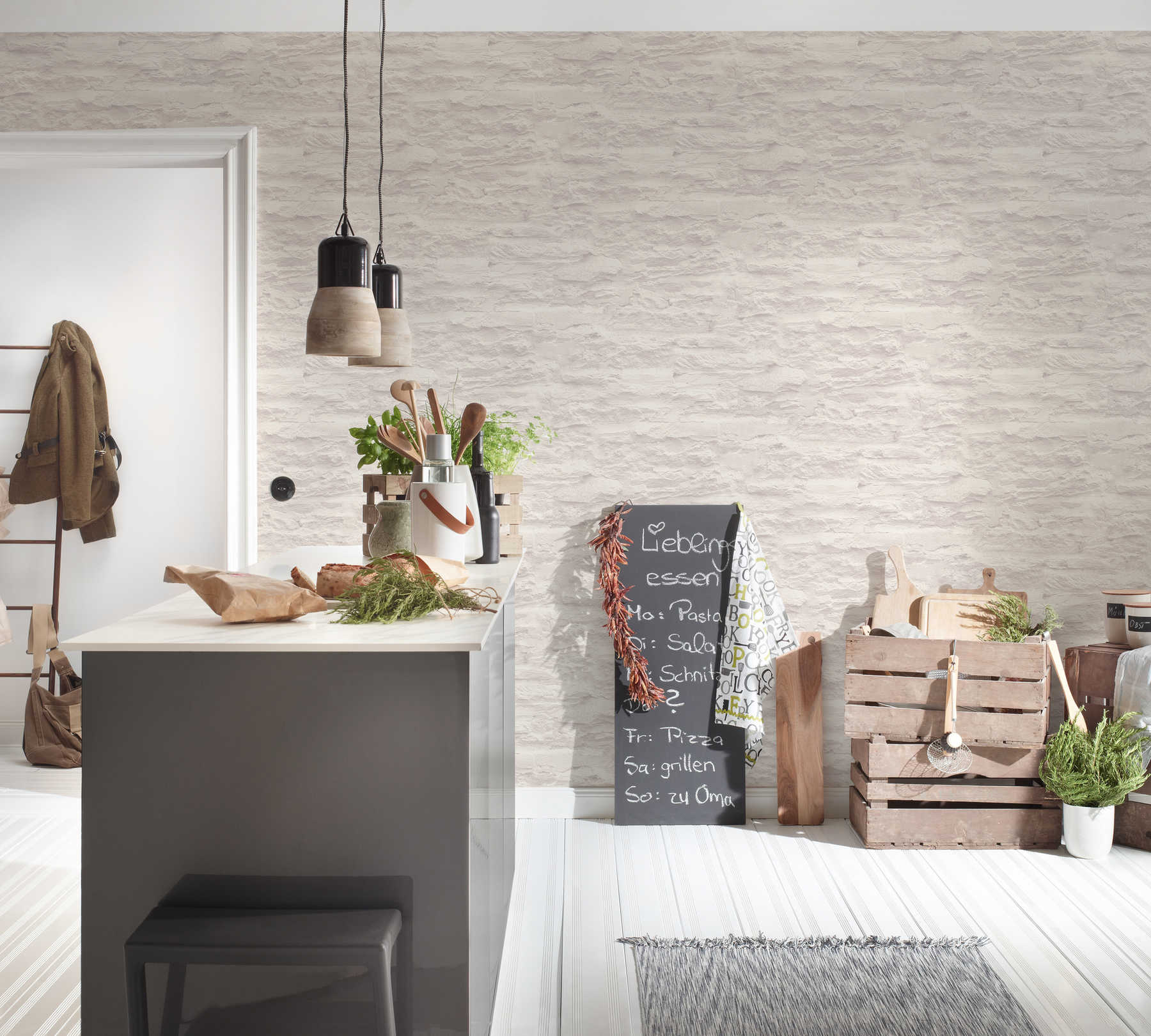             Bright non-woven wallpaper in wall optics with natural stones & plaster - cream, white
        