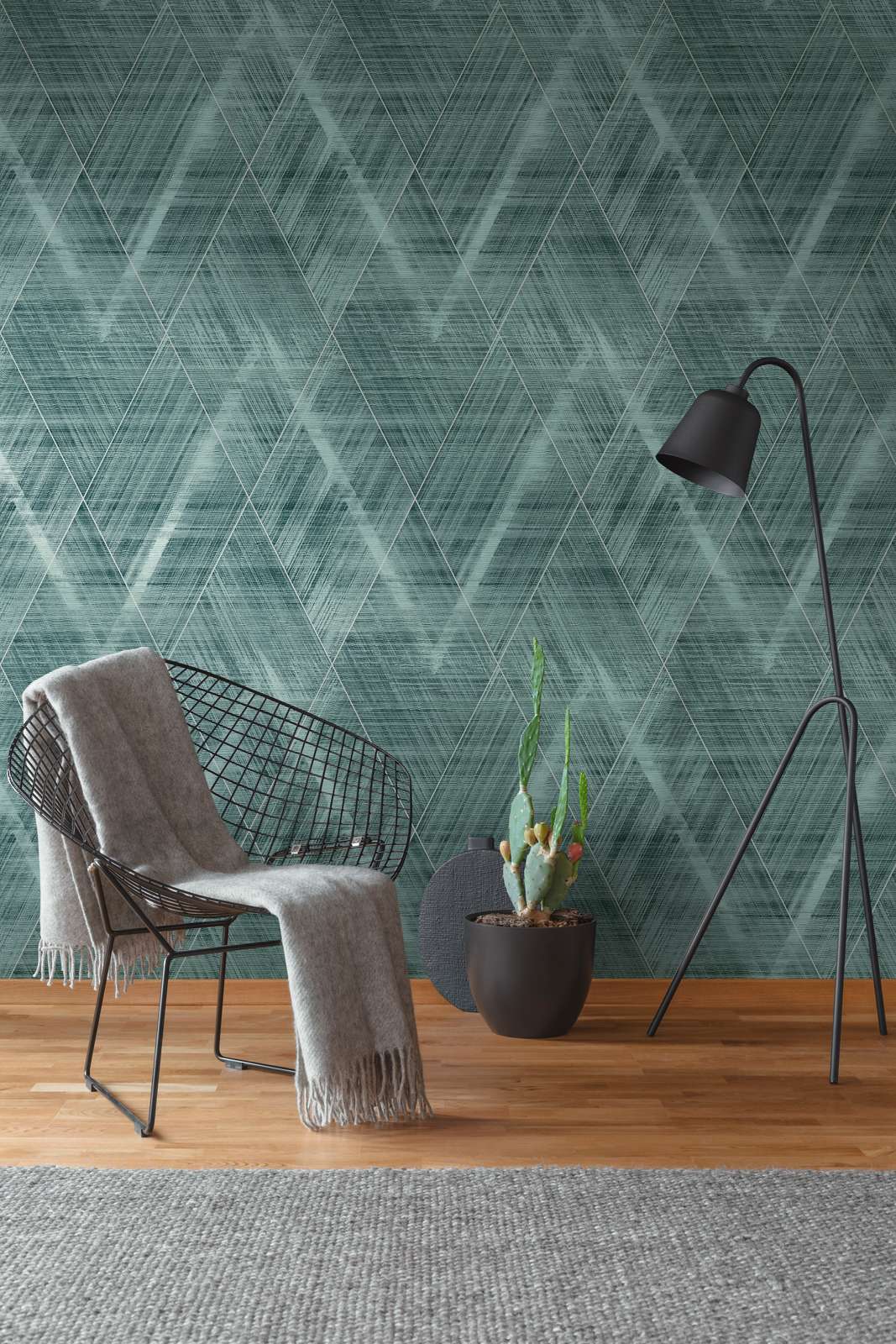             Lozenge wallpaper with mottled textile look - metallic, green
        