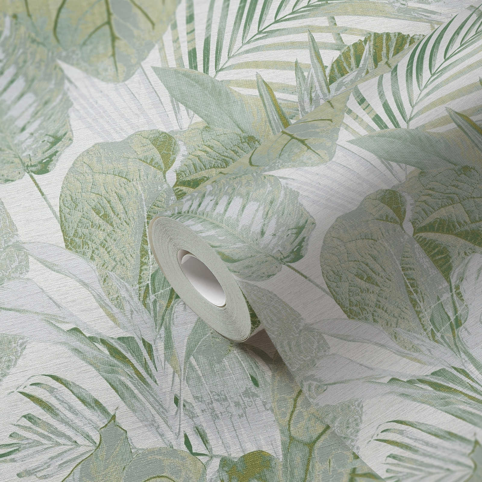             Onderlaag behang met bladeren en jungle patroon licht glanzend - groen, wit, grijs
        
