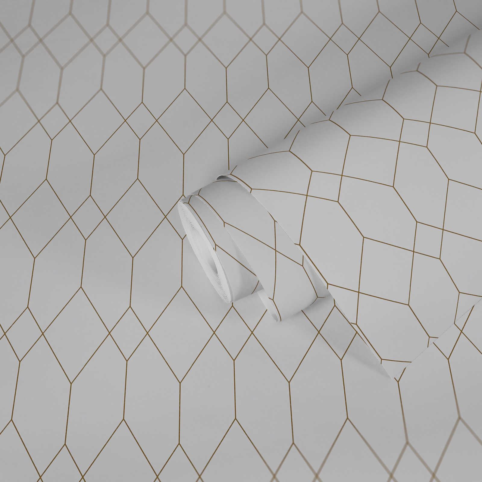             Self-adhesive wallpaper | Geometric line pattern in gold - white, metallic
        