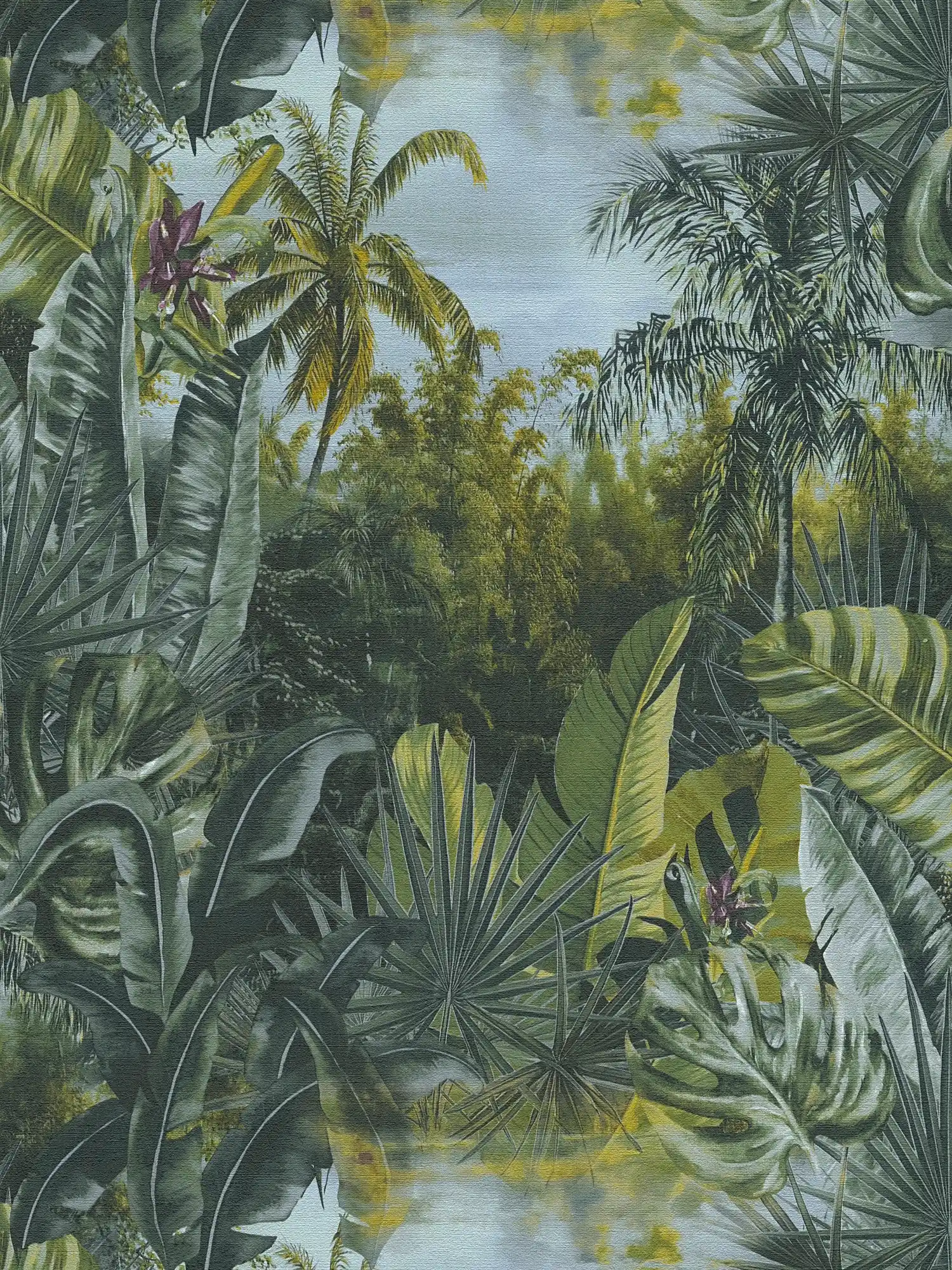 Non-woven wallpaper jungle with palm trees & leaves design - green
