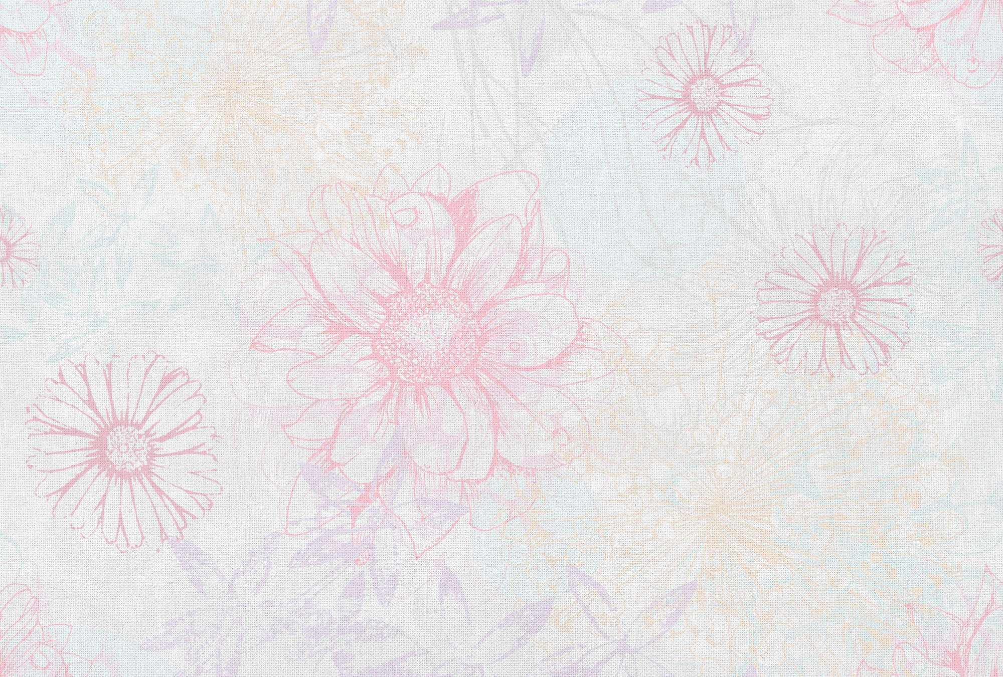             Papel pintado de aspecto de lino y con motivos florales - rosa, blanco, azul
        