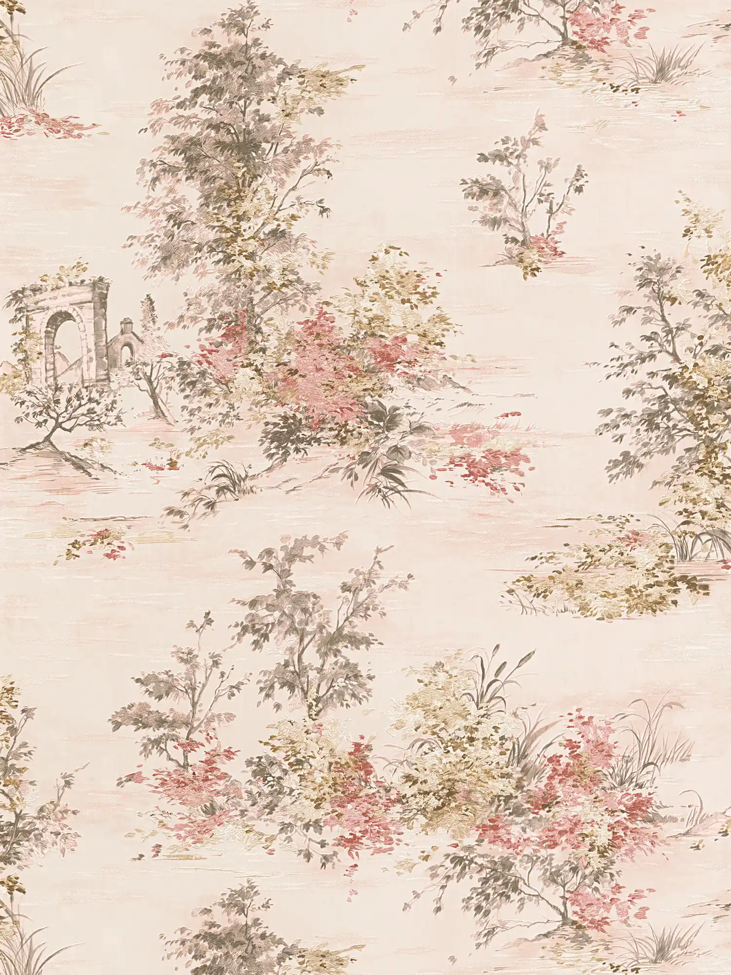 Wallpaper with landscape motif in classic style - red, pink, grey, cream
