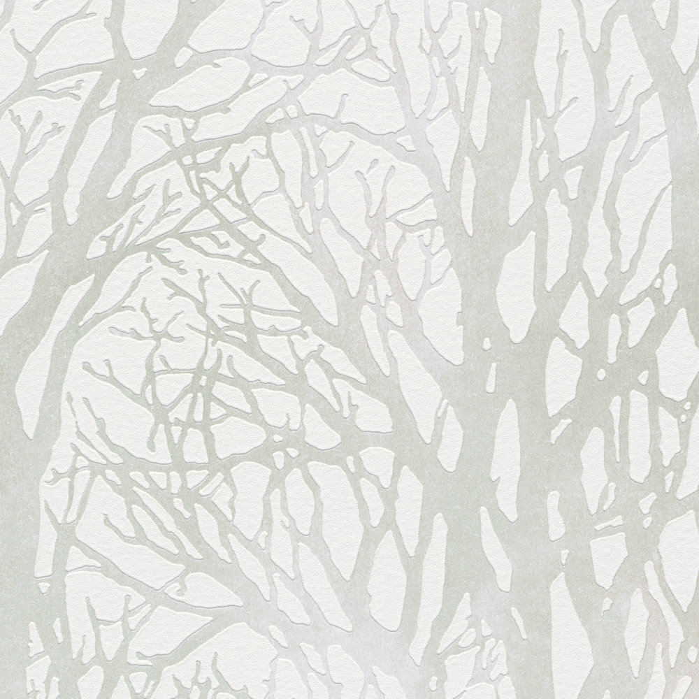             Silver grey wallpaper with tree motif and metallic effect - white, green, silver
        