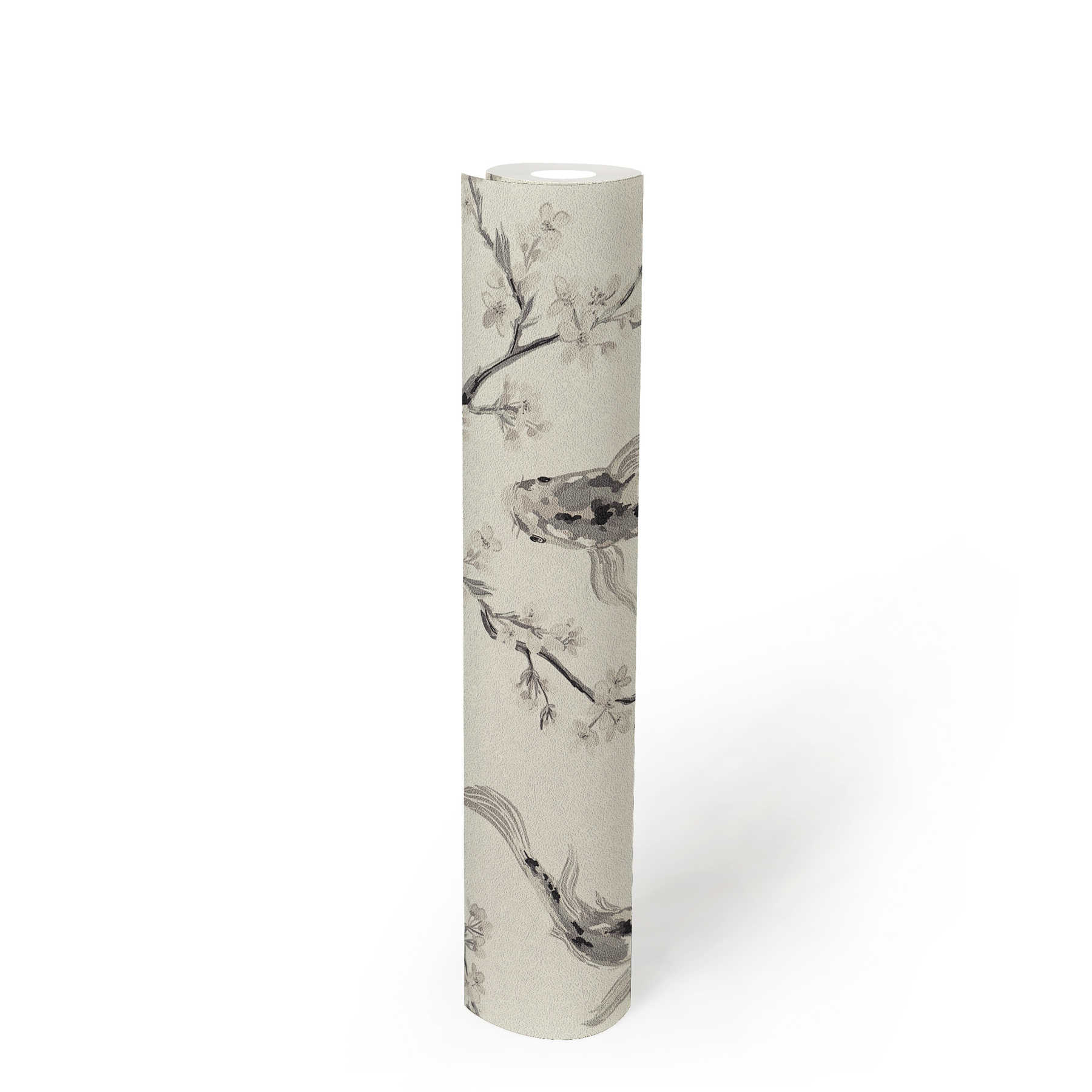             Non-woven wallpaper with koi pattern in Asian style - grey, beige, cream
        