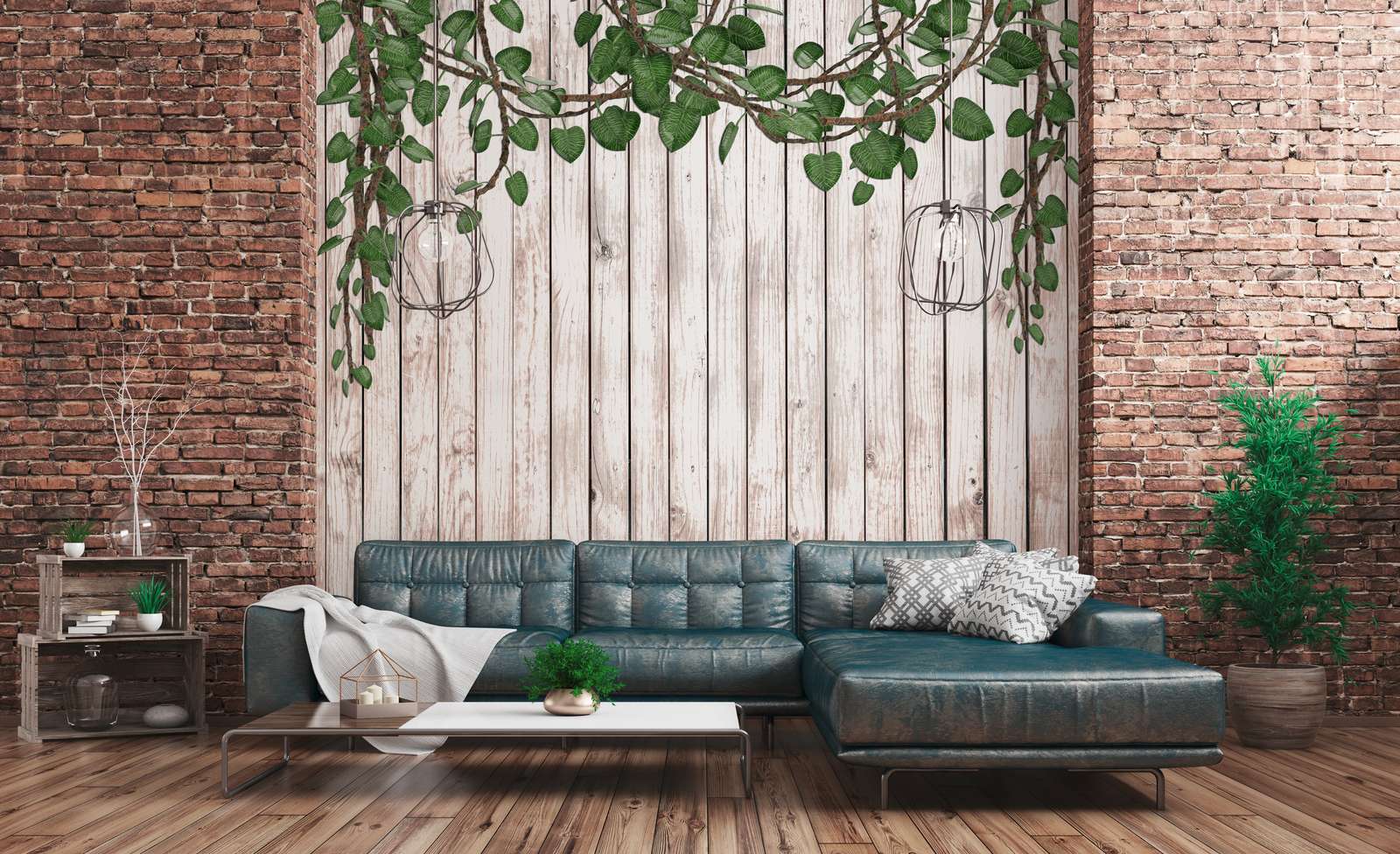             Wooden wall mural with falling leaves natural - Green, Beige
        