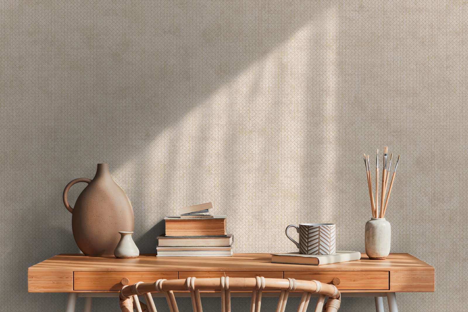             Wallpaper cream-beige with metallic texture pattern
        