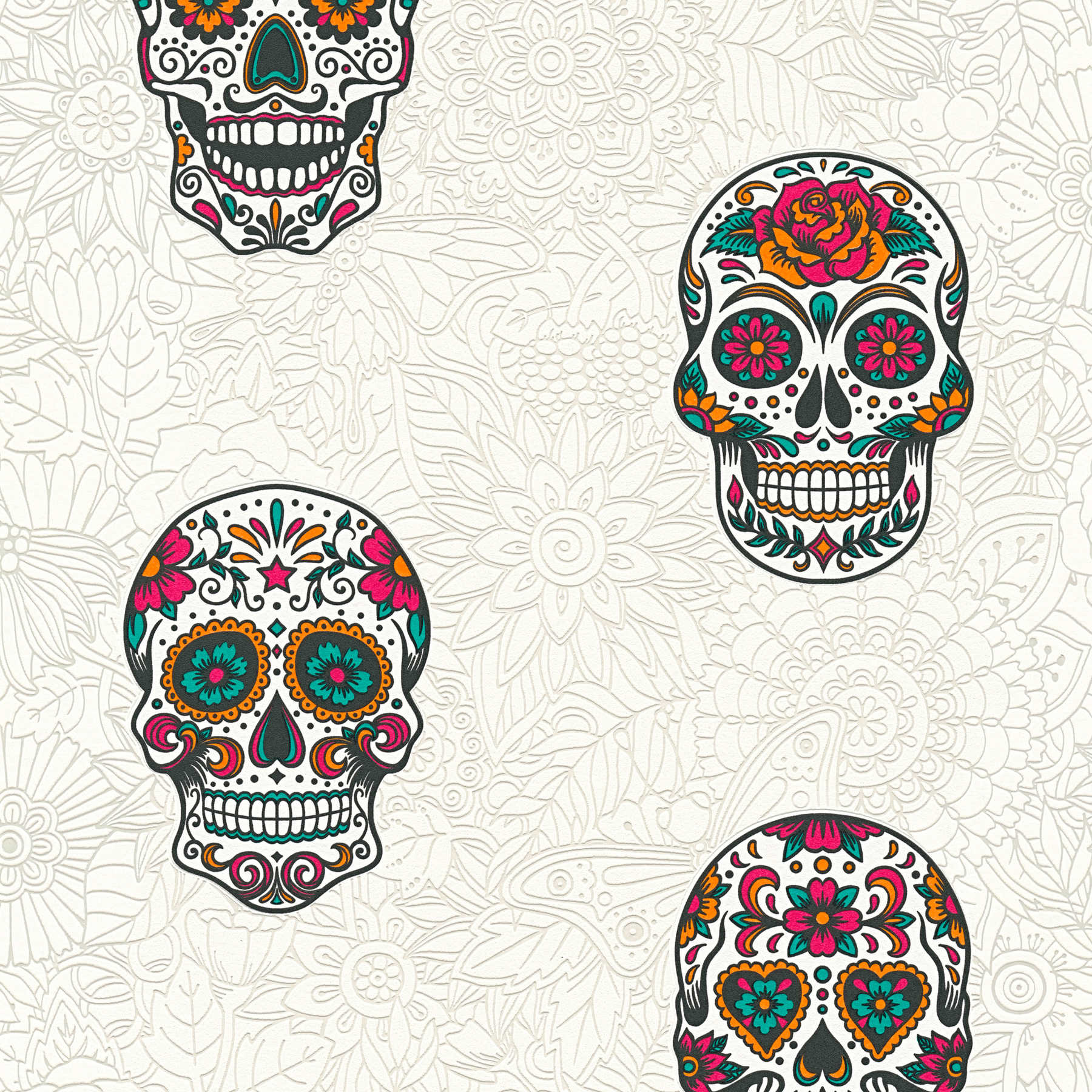 Non-woven wallpaper skull & flower design for youth room - colourful, black
