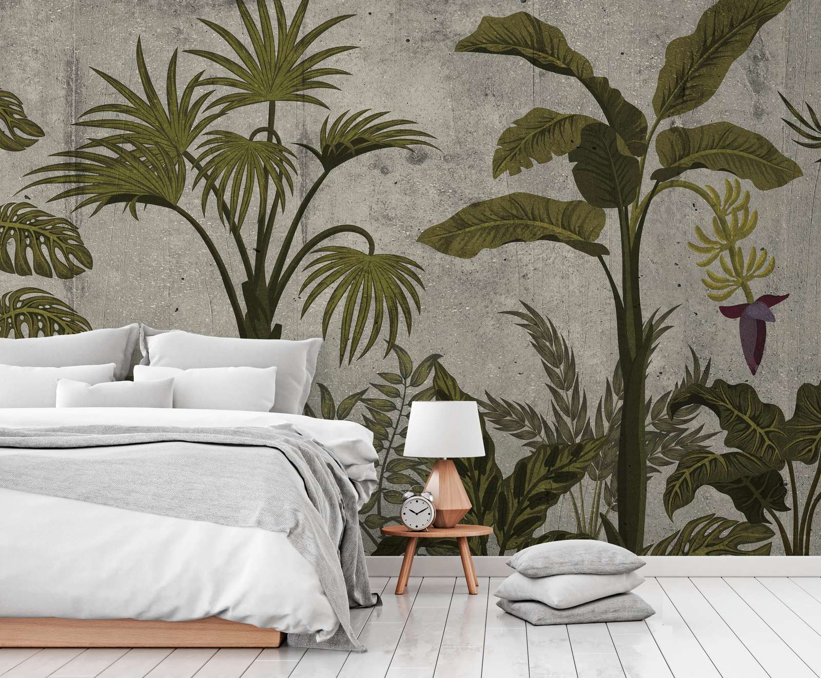             Mural de pared con paisaje tropical sobre aspecto de hormigón - verde, gris
        