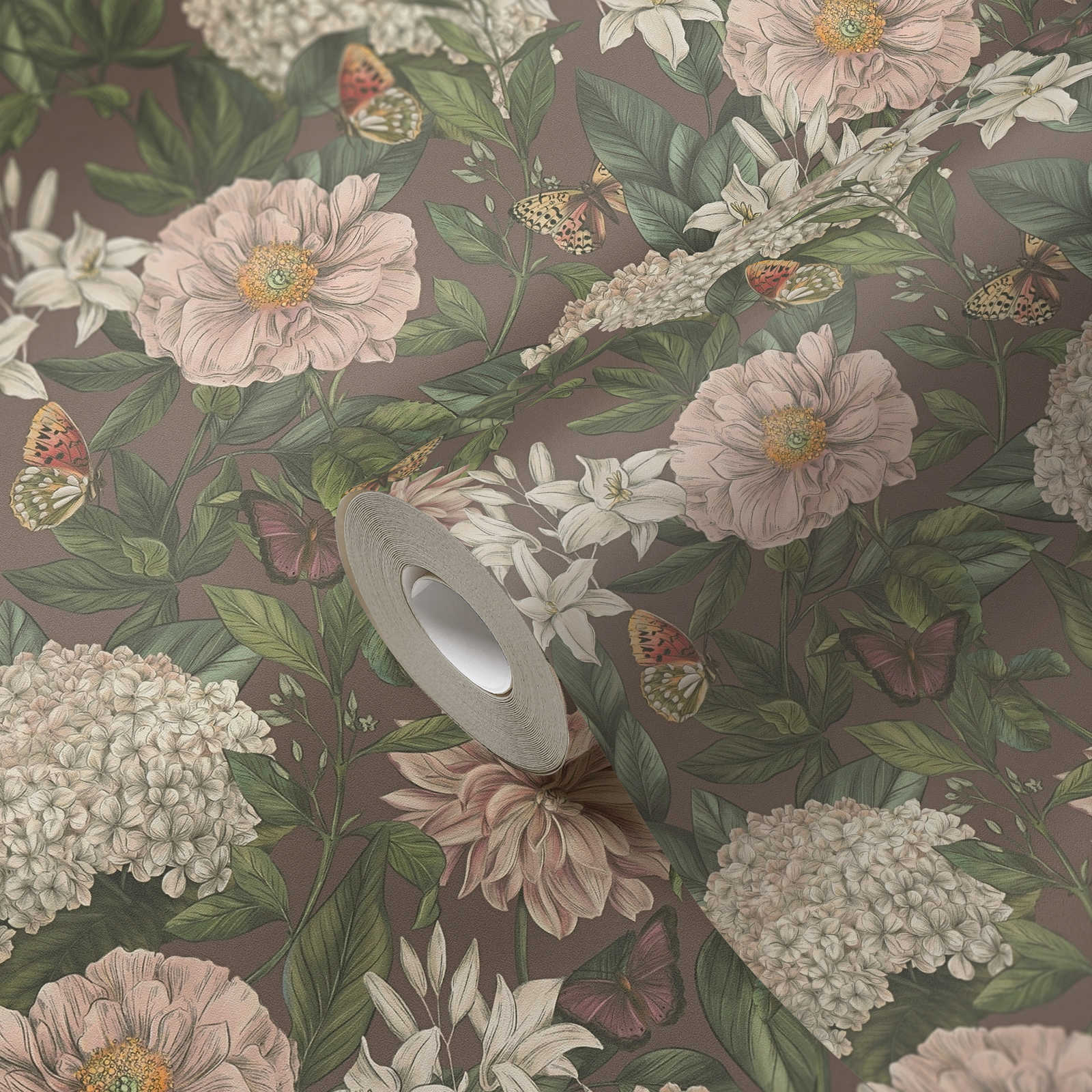            Modern behang met bloemen & vlinders structuur mat - bordeaux, roze, donkergroen
        
