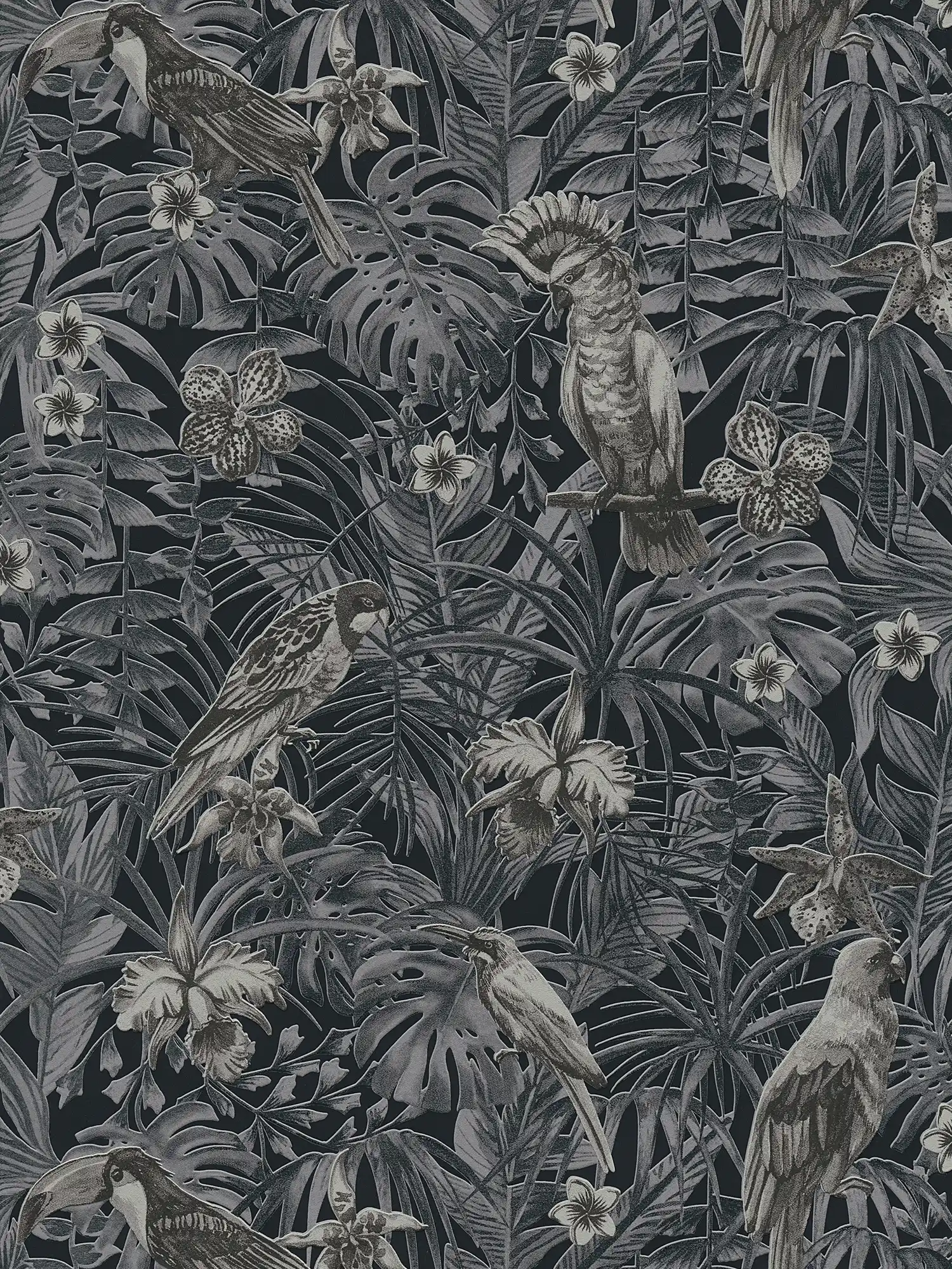 Papel pintado exótico pájaros, flores y hojas tropicales - gris, negro, crema
