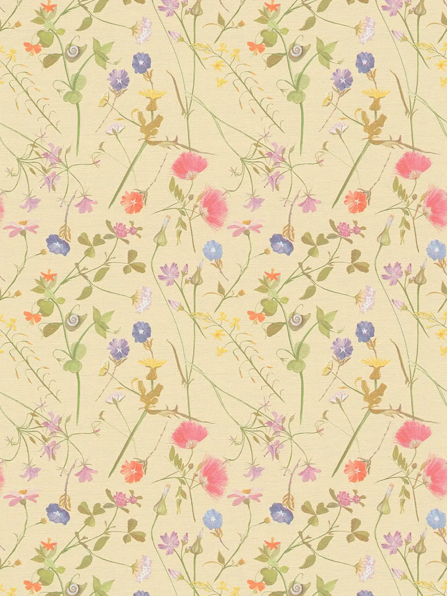 Playful non-woven wallpaper with different flowers - yellow, green, colourful
