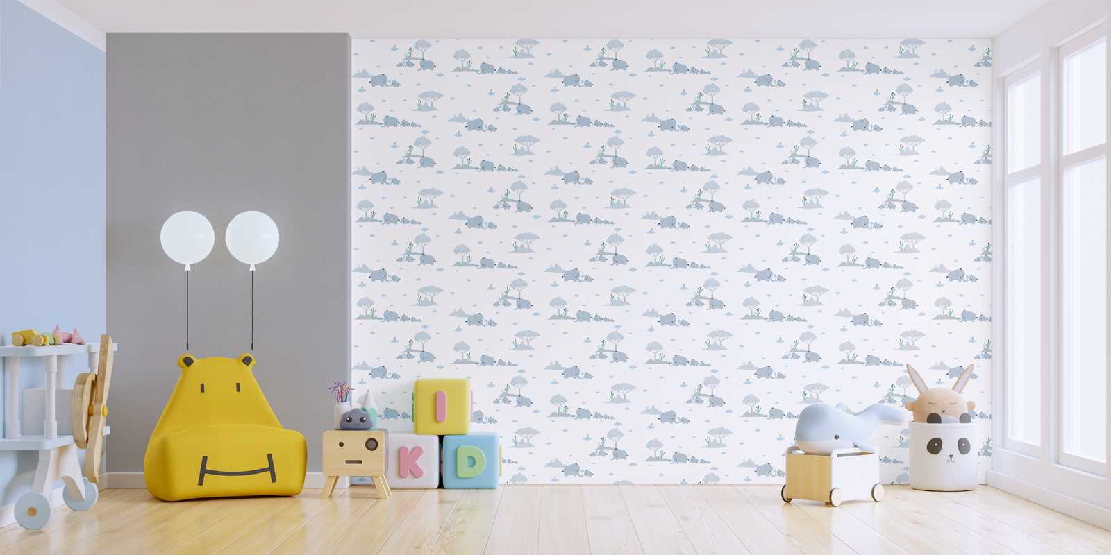             Papel pintado de habitación infantil niños elefantes y paisaje - azul, gris, blanco
        
