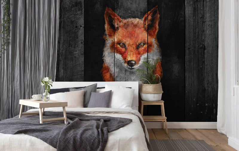             Photo wallpaper wood look with fox design - orange, white, grey
        