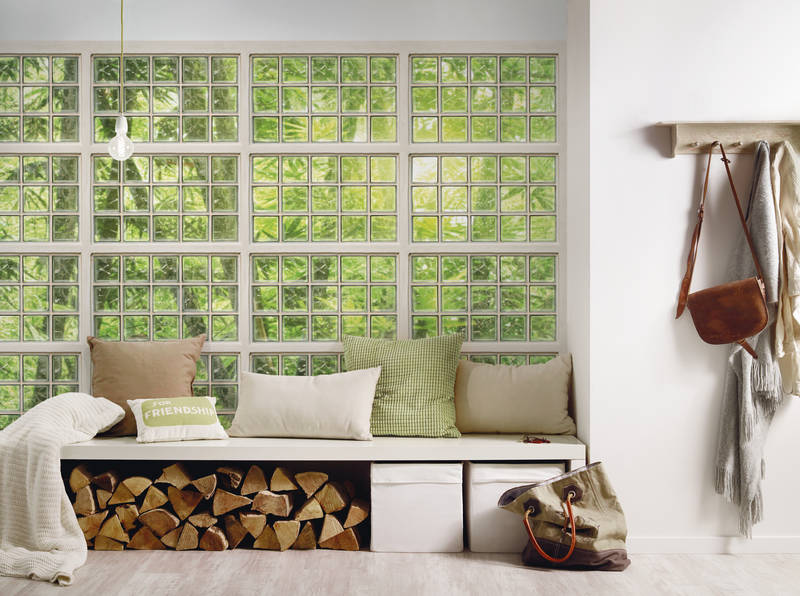             Papier peint panoramique Fenêtre avec vue sur la forêt - vert, blanc
        