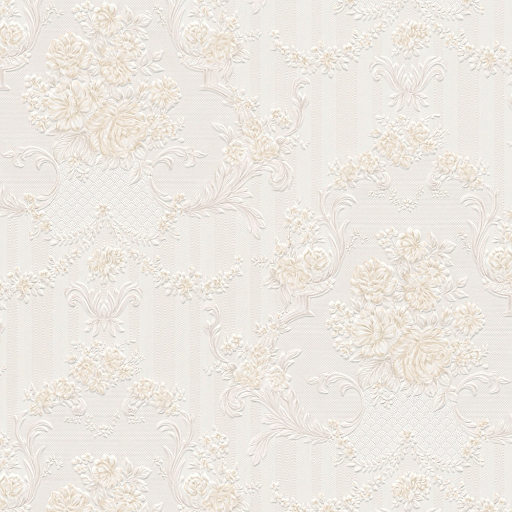             Neobarok Papierbehang met roos ornamenten & strepen - beige
        