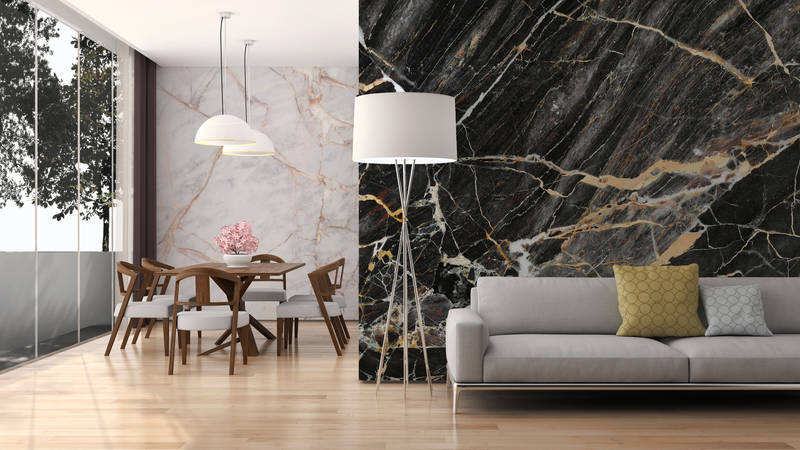             Marble look photo wallpaper - black, white, yellow
        