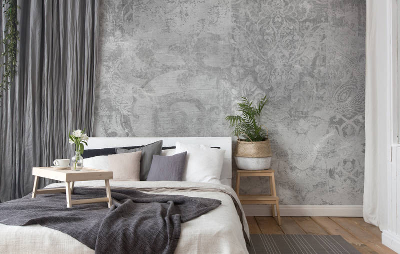             Mural de pared Ornamentos grises, aspecto vintage y textil - Gris, blanco
        