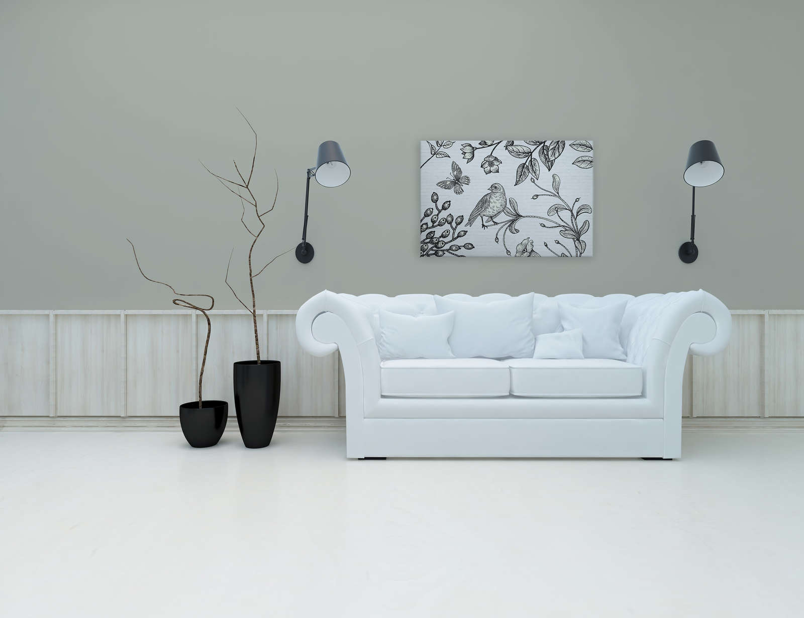             Toile noir et blanc avec motif nature en look BD - 0,90 m x 0,60 m
        