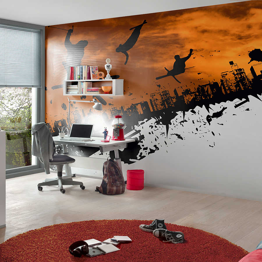 Grafitti photo wallpaper freestyle skier with skyline on mother of pearl smooth vinyl
