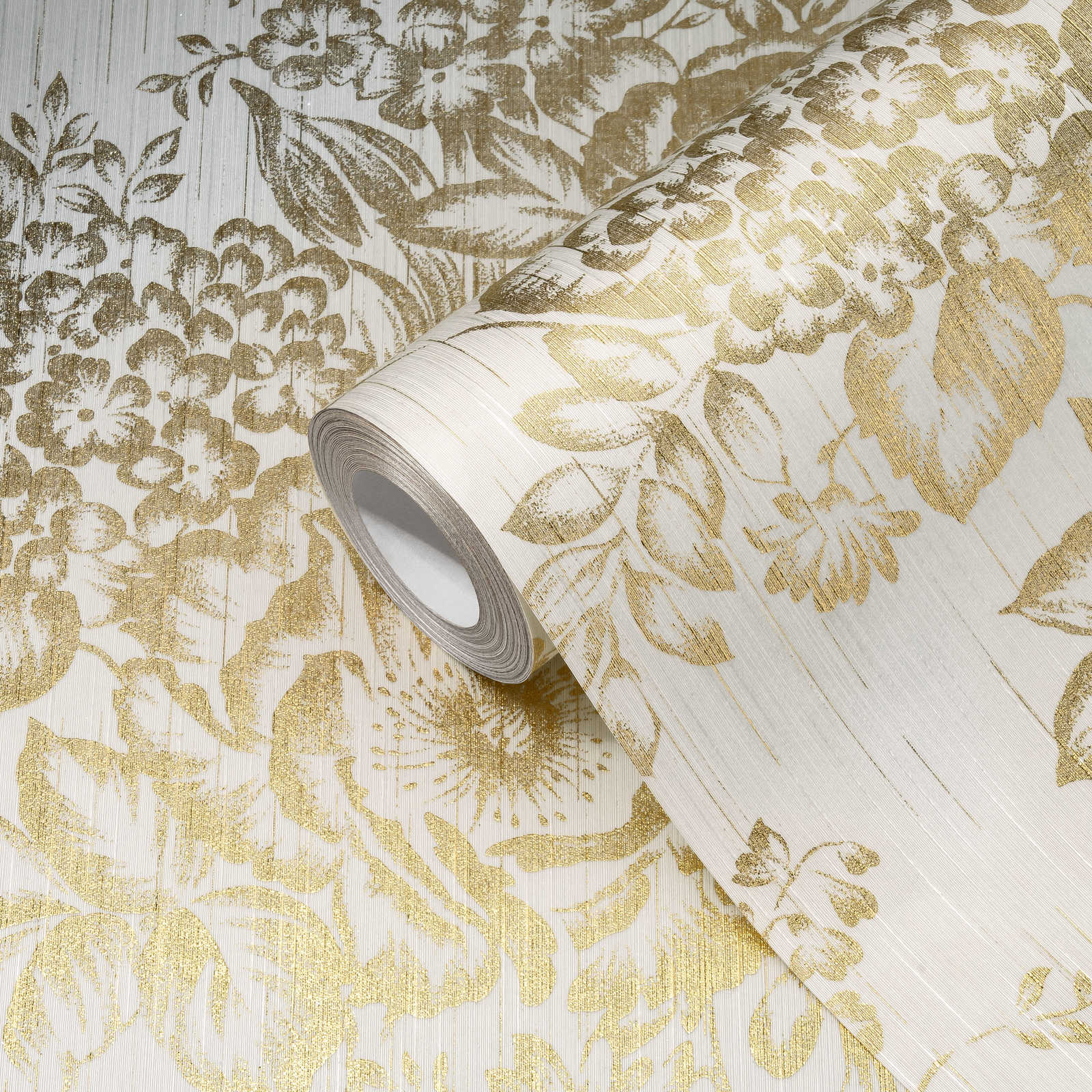             Papel pintado texturizado con motivos florales dorados - oro, blanco
        