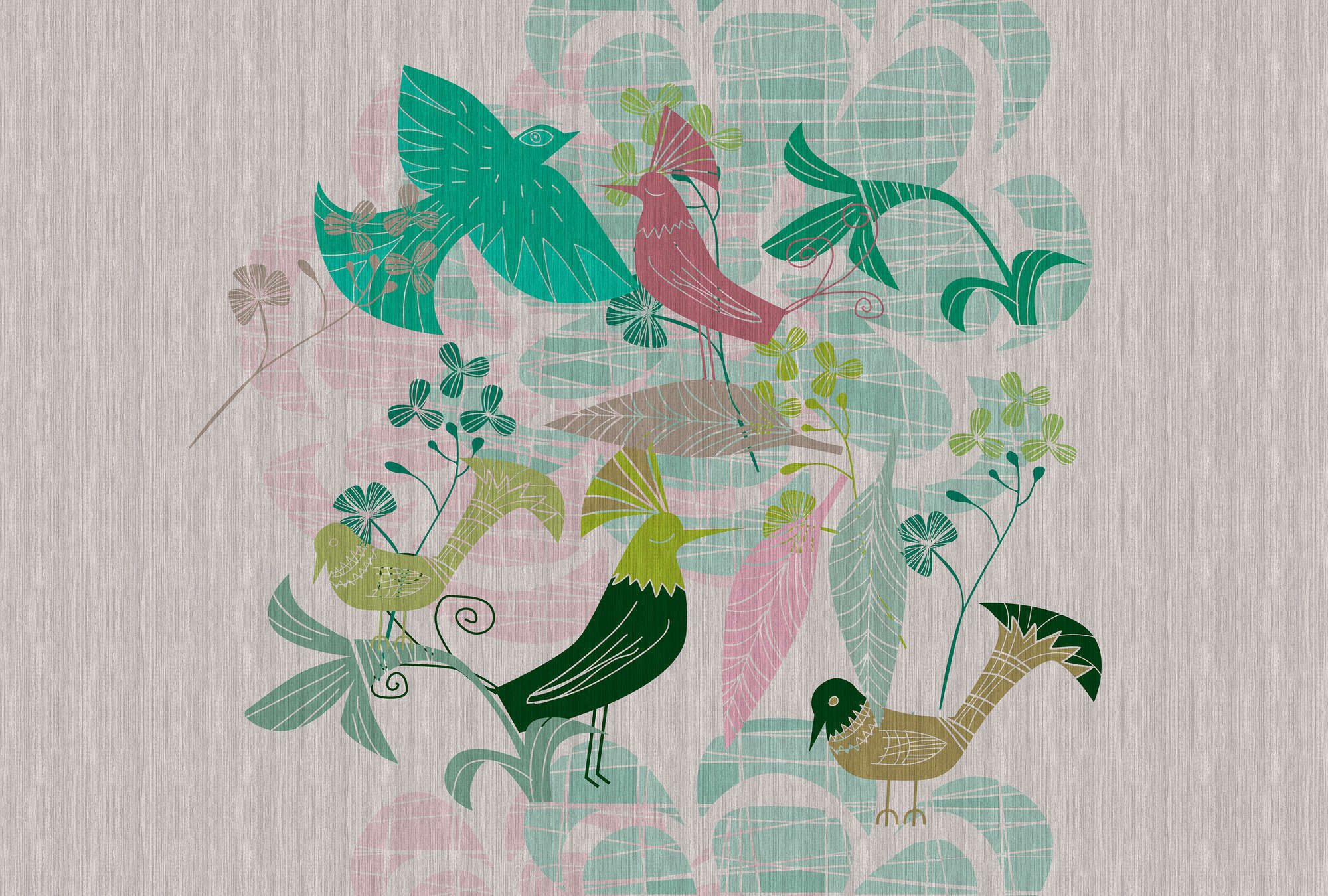             Birdland 3 - Carta da parati con motivi di uccelli verdi e rosa in stile retrò
        