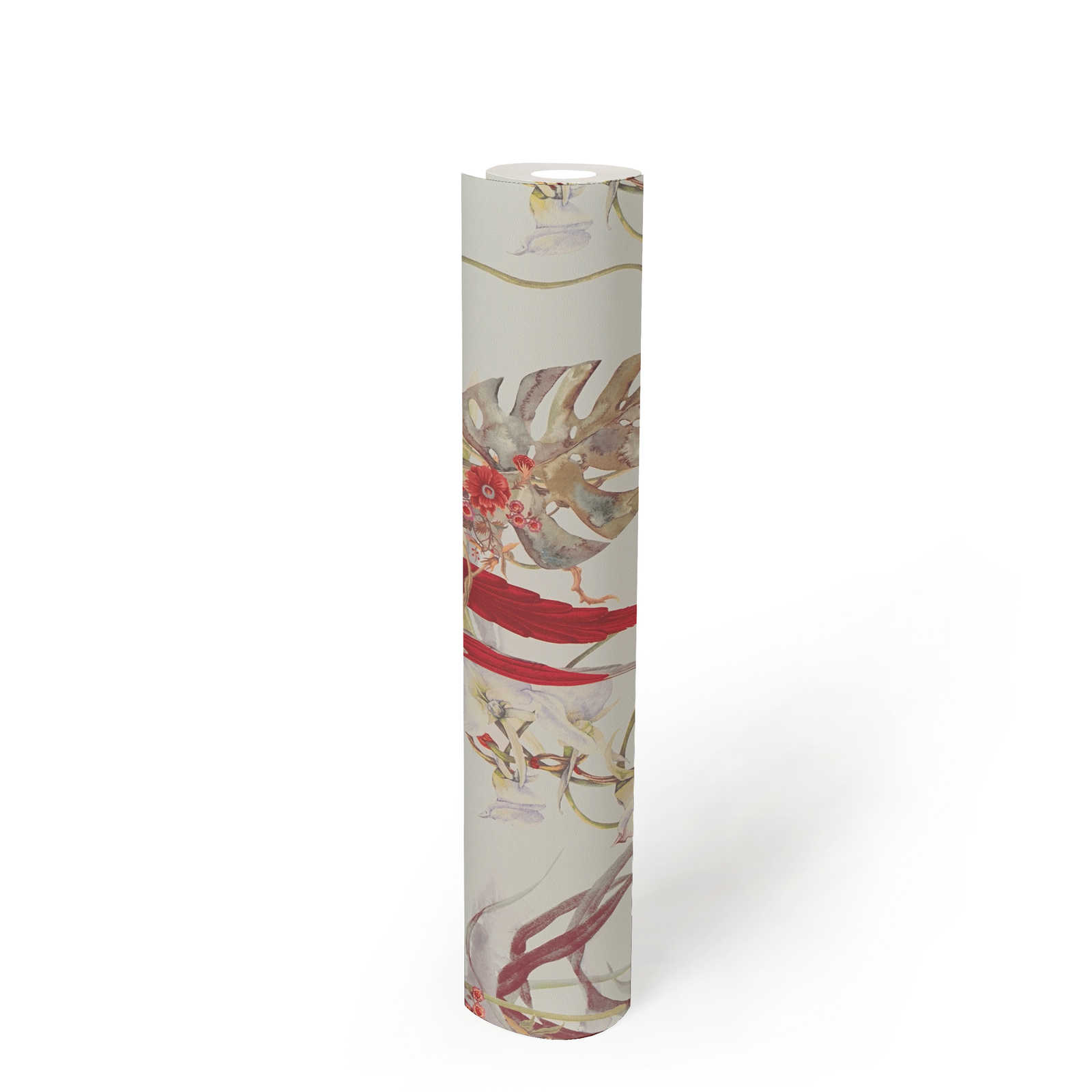             Wallpaper tropical design, parrot & exotic flowers - white, red
        