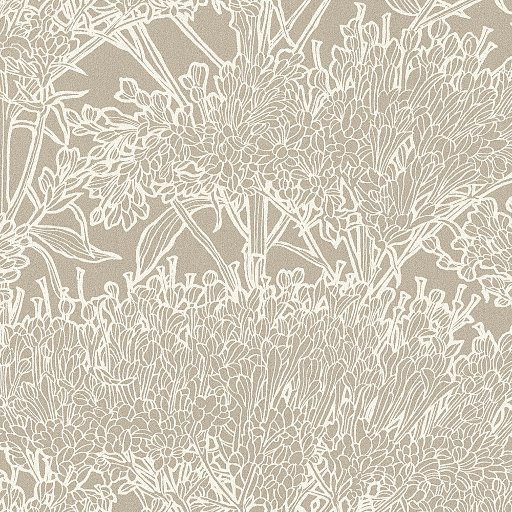             Carta da parati mediterranea colori sabbia con motivo floreale - grigio, argento, beige
        