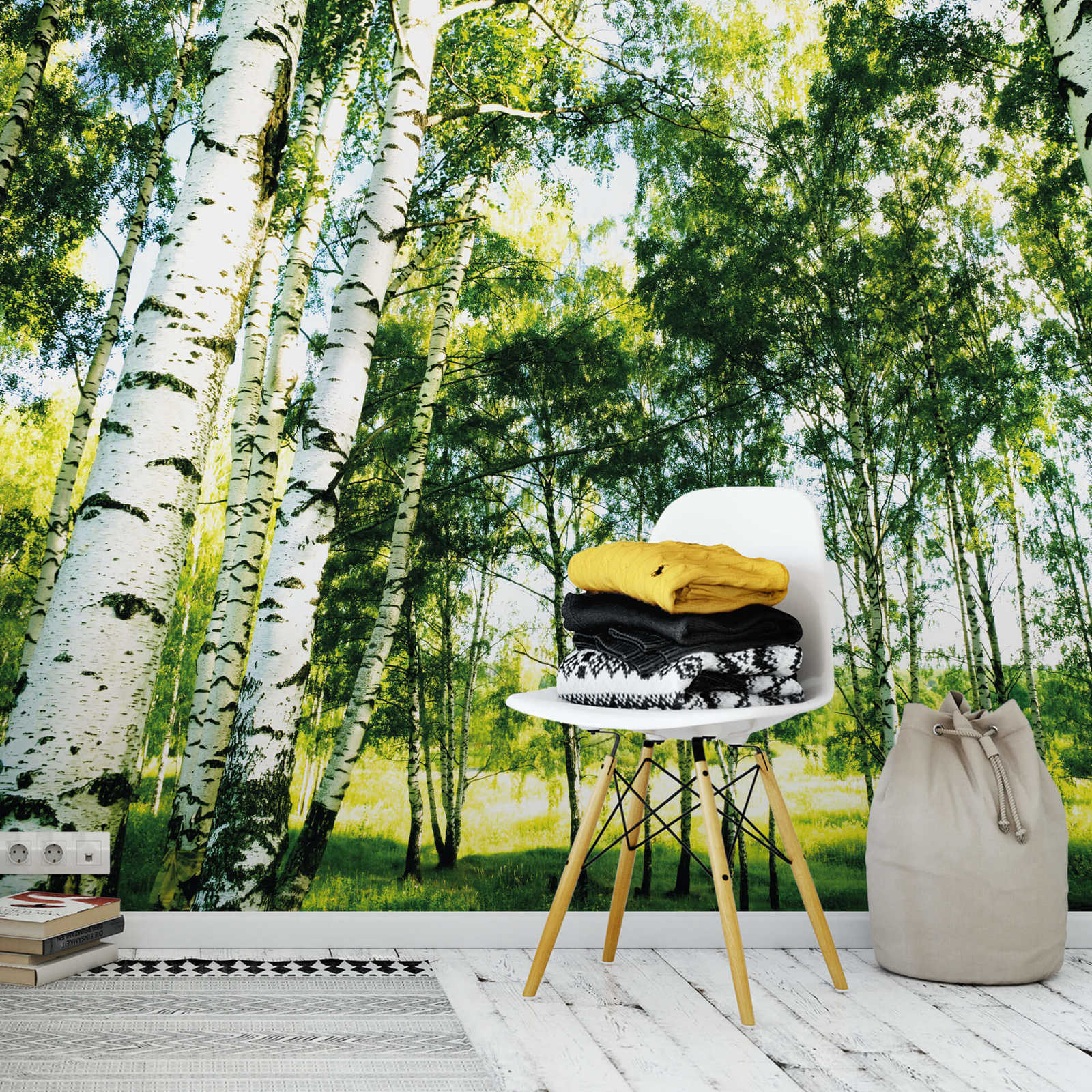             Papier peint panoramique Forêt de bouleaux au soleil - vert, blanc
        