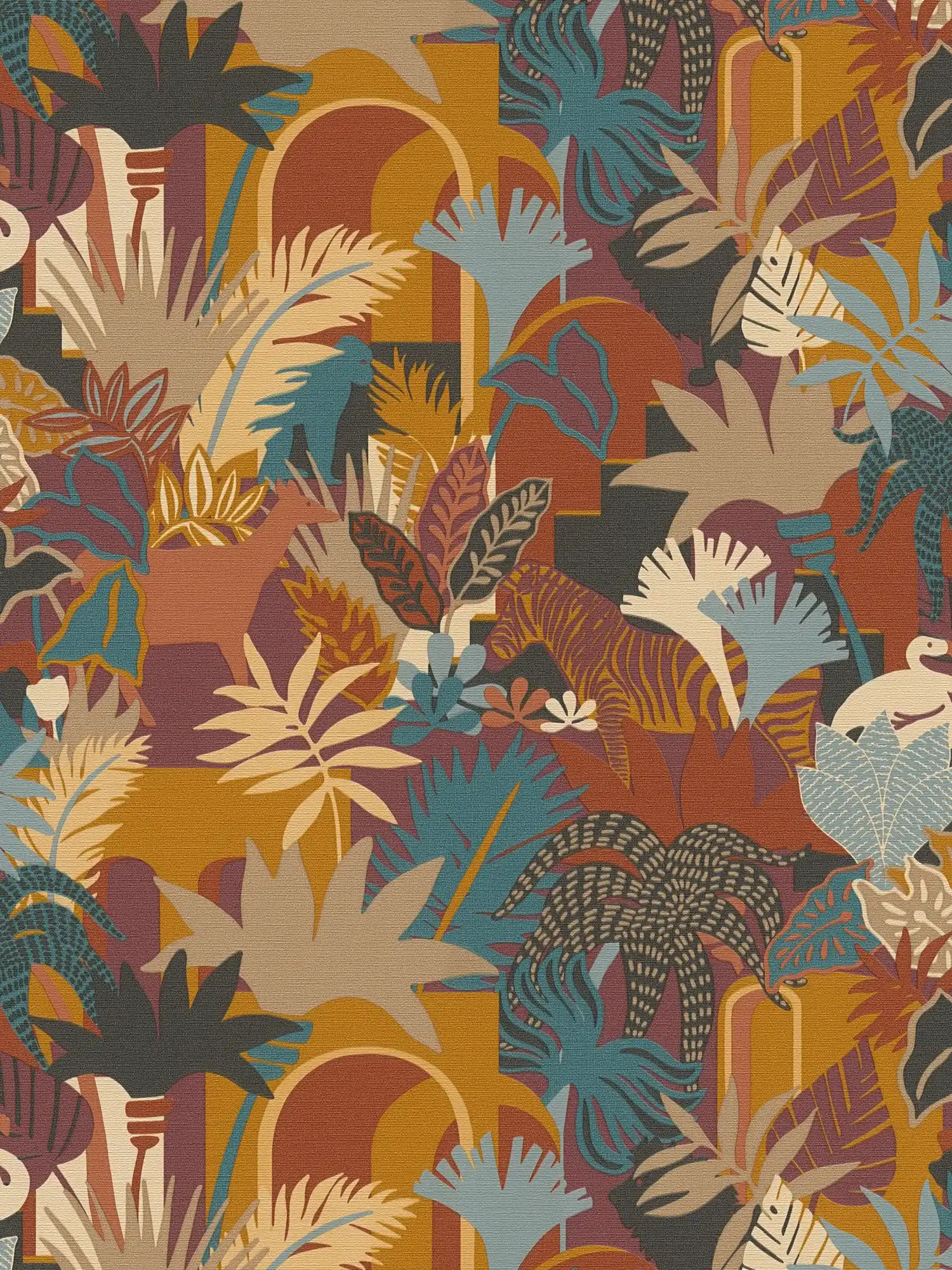 Non-woven wallpaper with animals in jungle style - multicoloured, orange, blue
